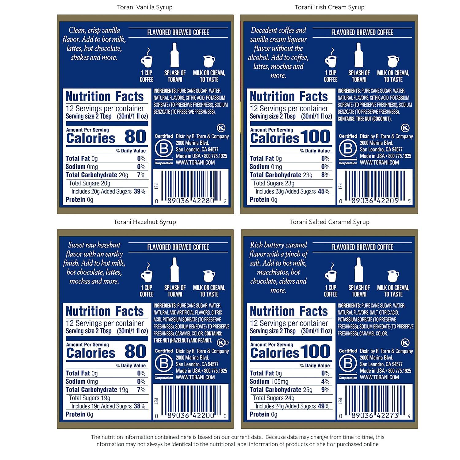 image:imageTorani Syrup Coffeehouse Variety Pack 4 127 Ounce Bottles Vanilla Salted Caramel Classic Hazelnut Irish CreamVanillaSalted CaramelHazelnutIrish Cream