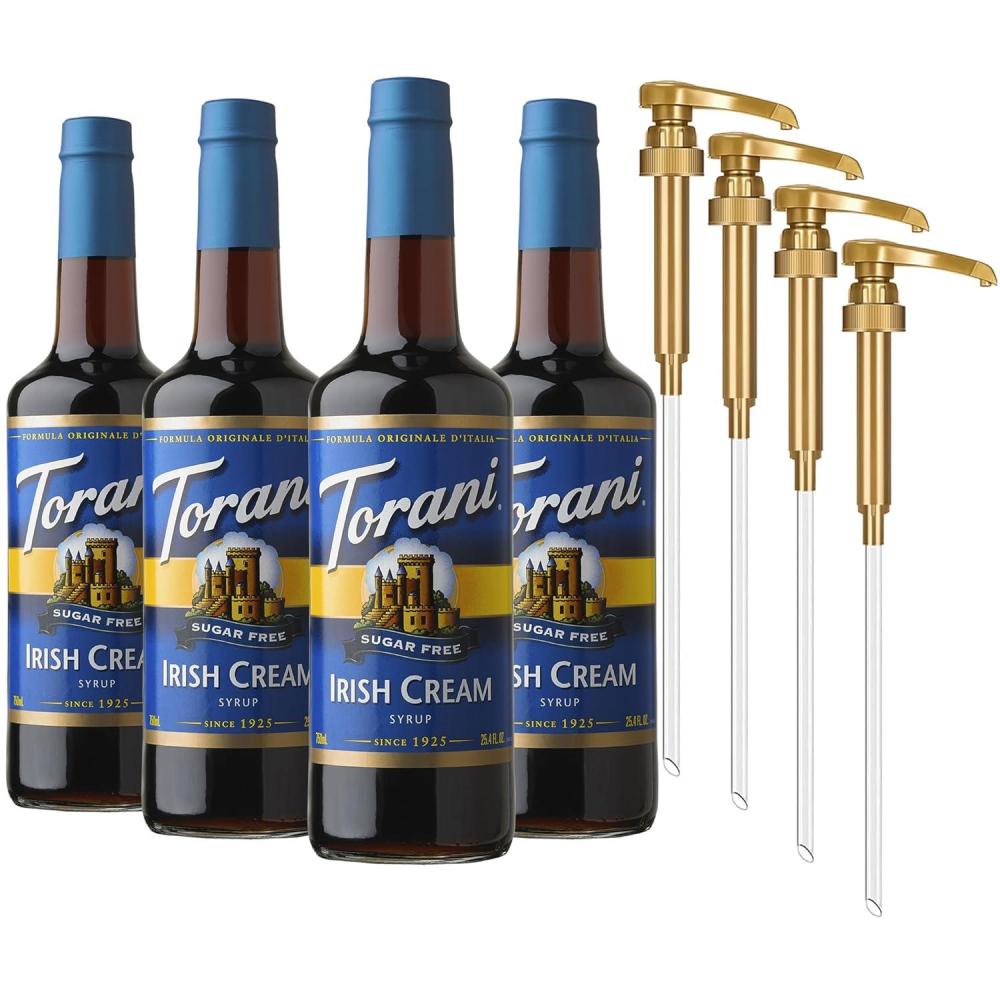 image:imageTorani Sugar Free Coffee Syrup Irish Cream Syrup for Drinks Zero Calorie Glass Bottle 4Pack Pumps Included 254 Fl Oz Ea
