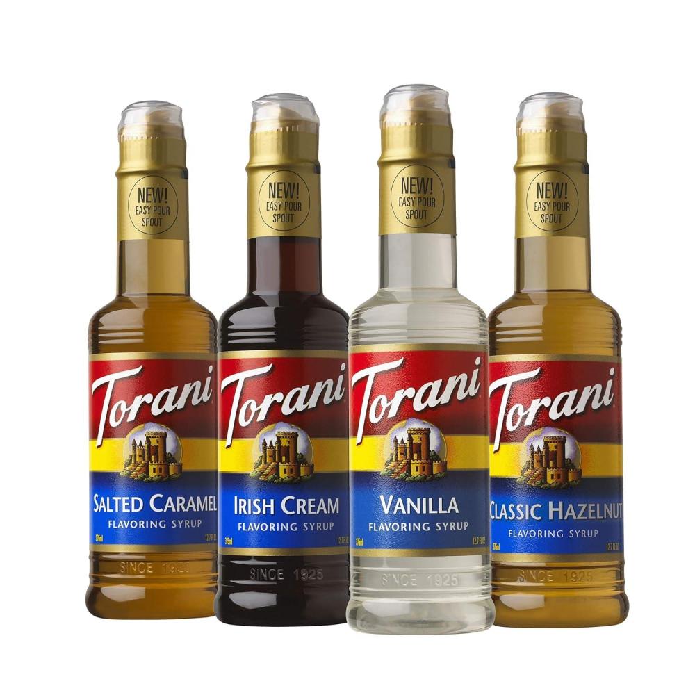 image:imageTorani Syrup Coffeehouse Variety Pack 4 127 Ounce Bottles Vanilla Salted Caramel Classic Hazelnut Irish CreamVanillaSalted CaramelHazelnutIrish Cream