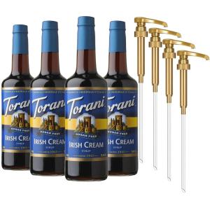 Torani Sugar Free Coffee Syrup, Irish Cream Syrup for Drinks, Zero Calorie, Glass Bottle 4-Pack, Pumps Included, 25.4 Fl Oz Ea